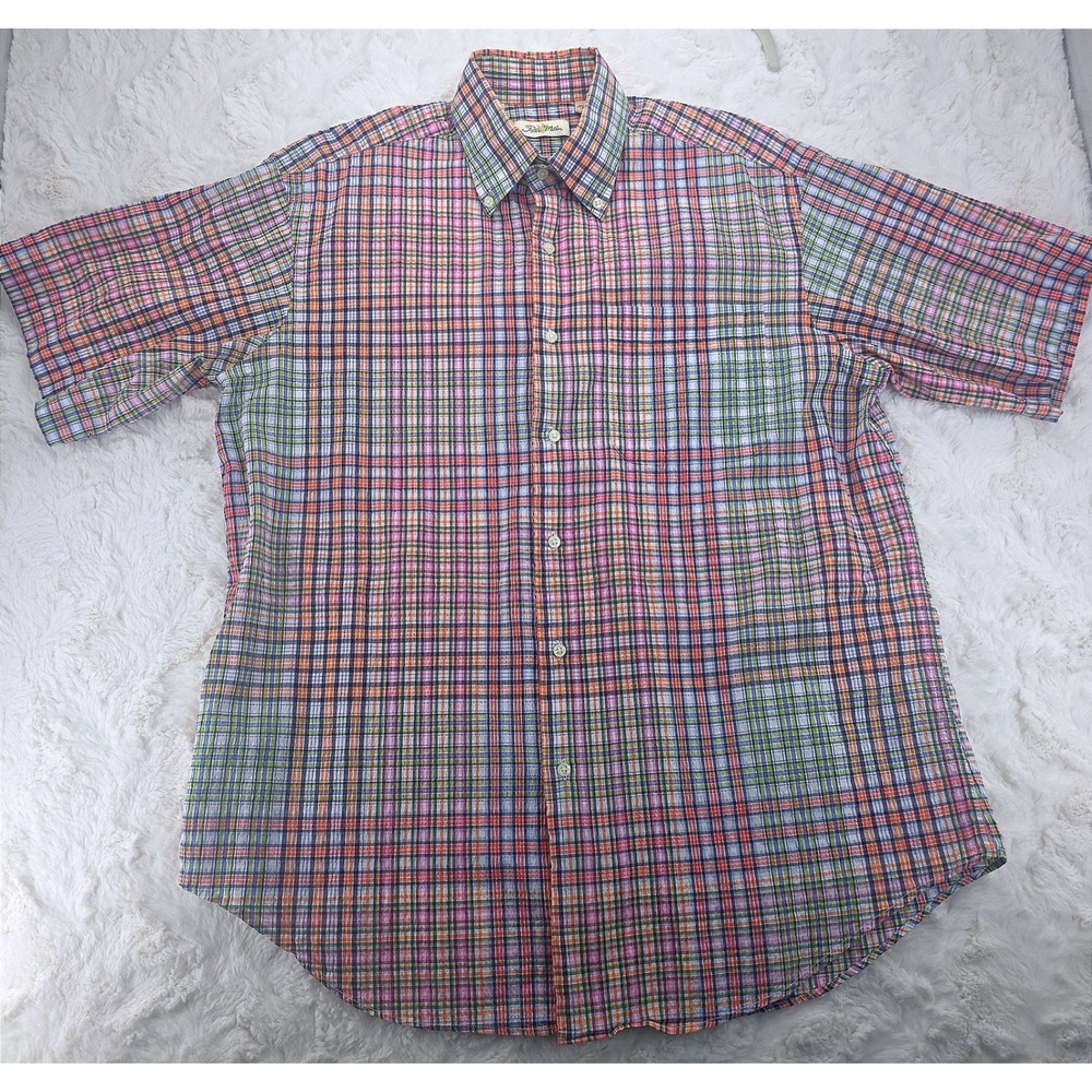 Peter Millar Mens Large Multicolor Plaid Short Sleeve Button Down Shirt Cotton